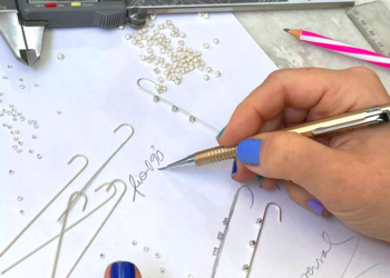 Mãos femininas desenhando peças para criação de joias.