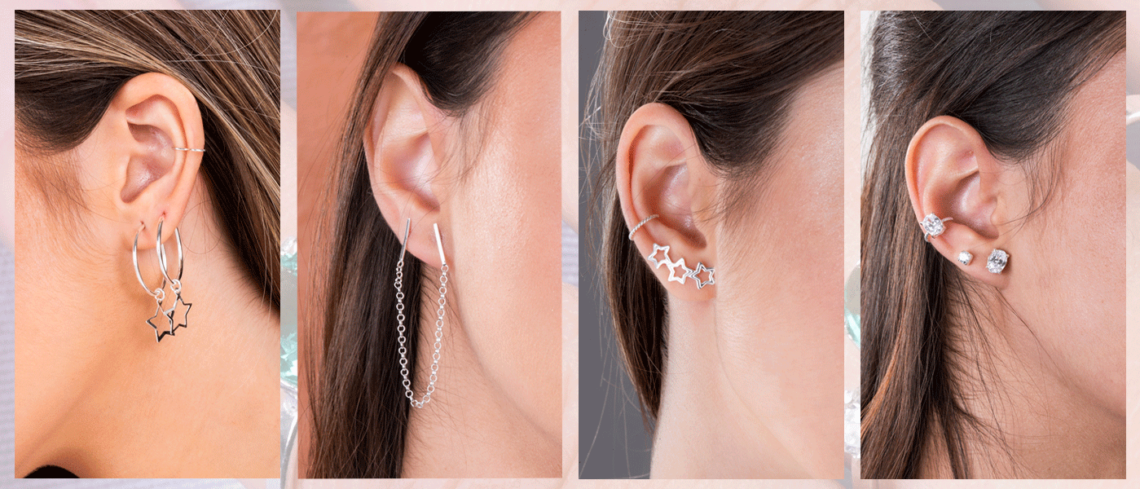 4 exemplos de brincos para revenda na orelha das modelos.