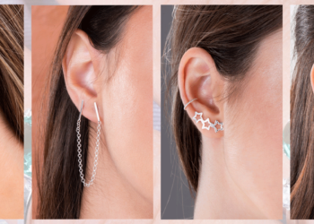 4 exemplos de brincos para revenda na orelha das modelos.