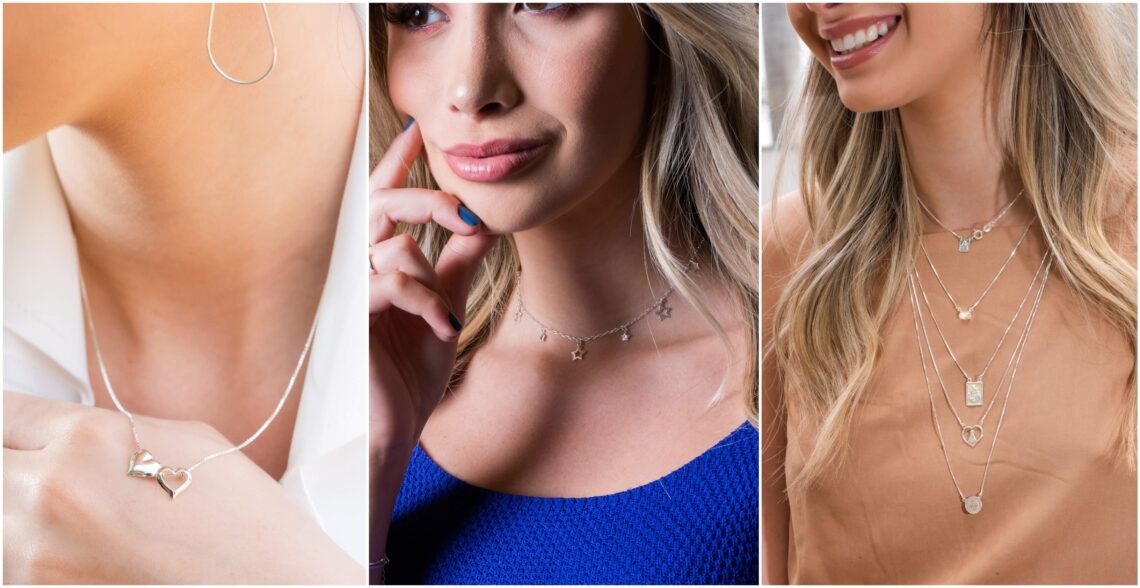 3 modelos femininas utilizando corrente veneziana prata de diferentes estilos.